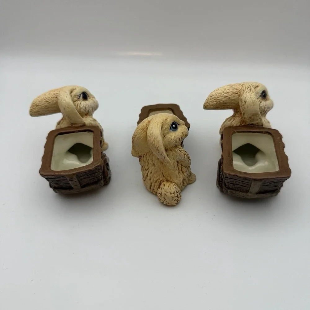 Lot of Three Rabbit Figurines‎ Stone Resin Ceramic Brown Tan Small Wheelbarrow